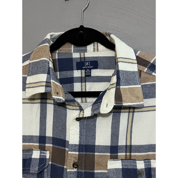 George Men’s Button Down Plaid L/S Flannel Shirt Cream Khaki Blue Size XL - Picture 3 of 6